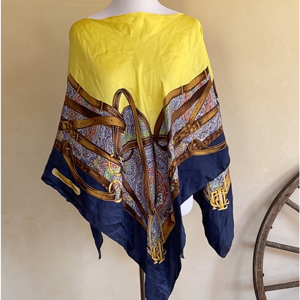 RALPH LAUREN Equestrian English Riding Theme Yellow Blue 100% Silk Poncho Scarf - Picture 7 of 11